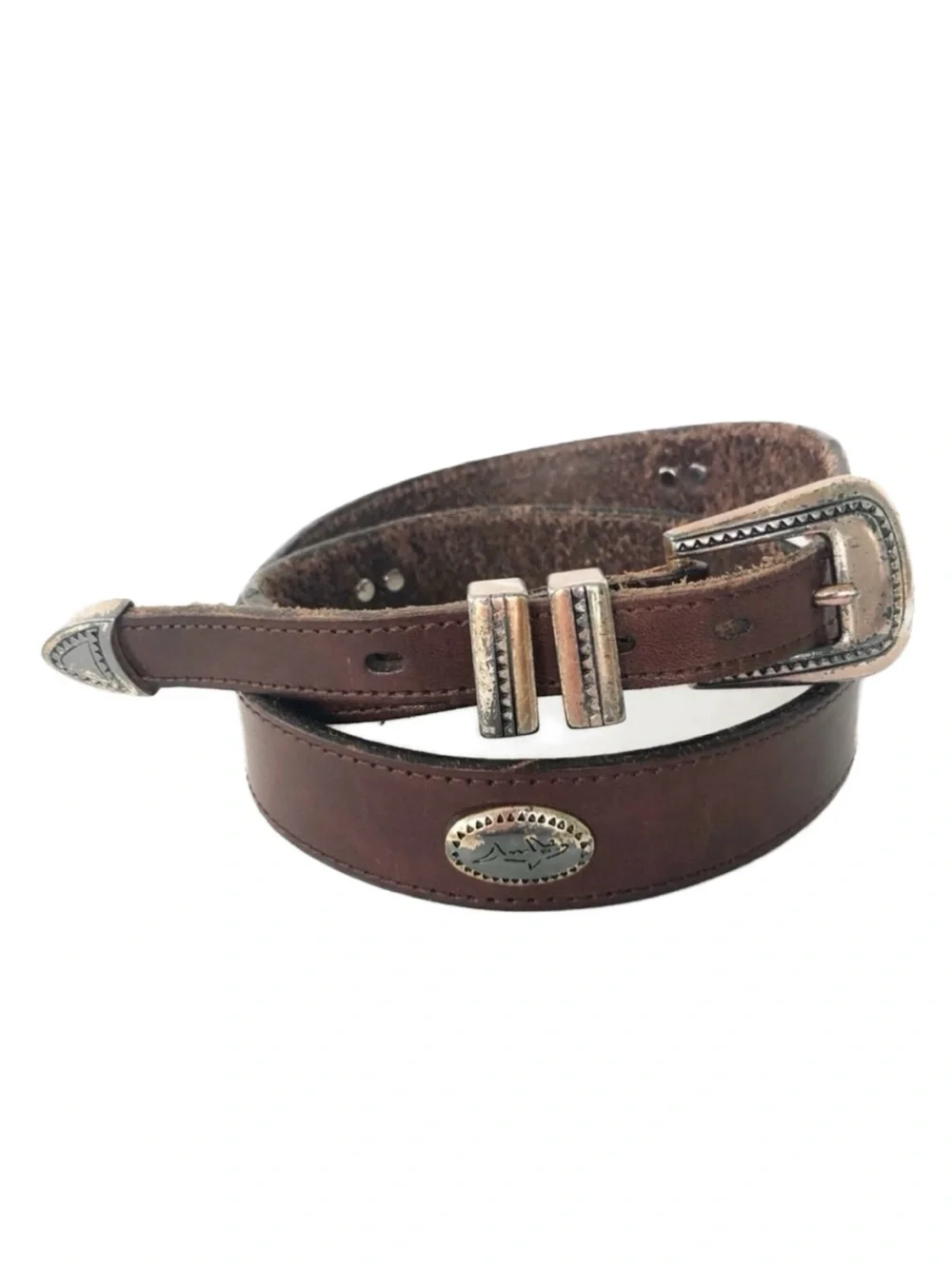 Greg Norman Leather Belt with Silver Toned Medallions Engraved Logo Brown 🟤⚪️
